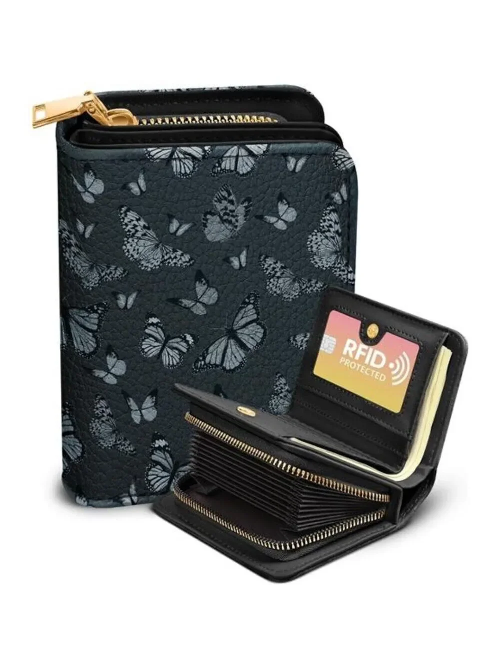 RFID Leather Card Holder Wallet for Women Small Zipper ID Coin Purse Butterfly